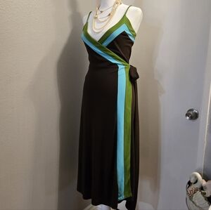 Isaac Mizrahi Brown Midi Dress with Green & Teal Stripes